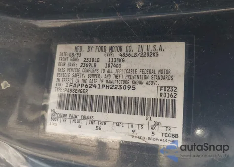 1993 Ford Thunderbird Lx from USA, damaged, VIN 1FAPP6241PH223095